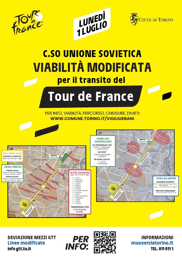 Le modifiche della viabilit nella Circoscrizione 2 previste per luned 1 luglio in occasione dell'arrivo a Torino della 3 tappa del Tour de France 2024