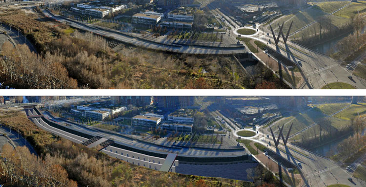 Demolizione della copertura della Dora Riparia tratto Valdocco-Mortara, Torino, stato di fatto (in alto) e rendering visuale al completamento (in basso)